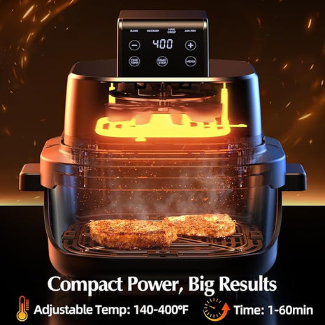 4-in-1 Portable Glass Air Fryer, 140–400°F Precise Heat, Max Crisp Technology, 4.2QT & 1.6QT Dual Containers with Lids, Freezer & Dishwasher Safe, Bake, Recrisp, Air Fry