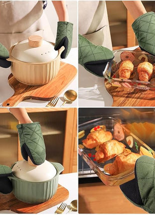 AUAUY Mini Oven Mitts, 2 Count Green Small Oven Mitt 220℃/428°F Heat Resistant with Non-Slip Surface and Hanging Loop Mits, Kitchen Mittens Oven Mitts, Kitchen Gloves for Oven, Baking and Grilling
