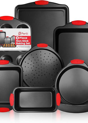 PERLLI Non-Stick 8-Piece Baking Pan Set, BPA-Free Carbon Steel Bakeware Set with Silicone Handles, Stackable Kitchen Oven Set, Cookie Sheet, Baking Tray, Baking Sheet Set, Oven Safe (446°F)