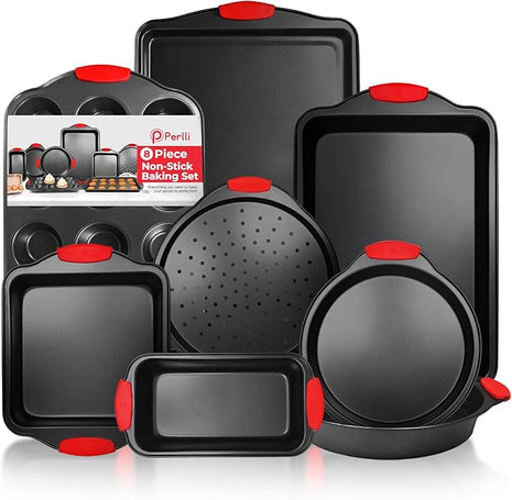 PERLLI Non-Stick 8-Piece Baking Pan Set, BPA-Free Carbon Steel Bakeware Set with Silicone Handles, Stackable Kitchen Oven Set, Cookie Sheet, Baking Tray, Baking Sheet Set, Oven Safe (446°F)