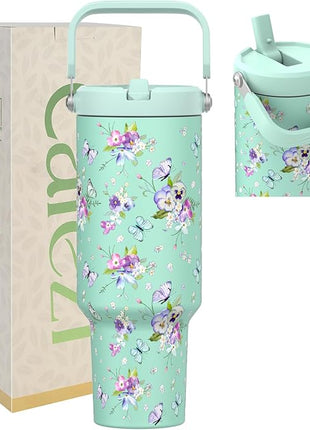 40 oz Tumbler with Handle and Straw, Vacuum Insulated Tumblers with Flip Straw and Top Handle, Reusable Insulated Cup for Home, Outdoors, Leakproof, Fits in Cup Holder, Cold for 30 Hours