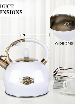 SUSTEAS Stove Top Whistling Tea Kettle - Food Grade Stainless Steel Teakettle Teapot with Cool Touch Ergonomic Handle, With 1 Silicone Pinch Mitt Included, 2.64 Quart(WHITE)