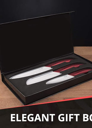 Vos Ceramic Knife Set in Elegant Gift Box, Ceramic Knives Set For Kitchen, Ultra Sharp Kitchen Knife Set with Covers, 4" 5" 6" Paring, Santoku & Chef Knife, Lightweight, Dishwasher safe (Red Handle)