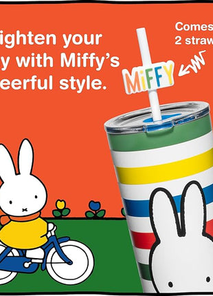 Dragon Glassware | Miffy 24 oz Vacuum Insulated Tumbler with Lid and Straw - Tumbler Cup with 2 Straws - Stainless Steel Tumbler with Straw Topper for Water, Iced Tea - Stripes
