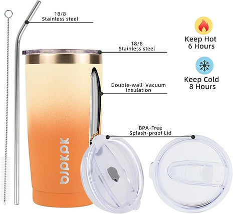 BJPKPK Tumbler with Lid and Straw, 20 oz Stainless Steel Vacuum Insulated Color Block Tumblers, Double Wall Ice Coffee Thermal Cup Travel Mug,Coral