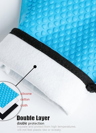 Kitchen Oven Gloves - Dual-Layer Heat Resistant Grilling Gloves, Silicone Oven Mitts with 5 Fingers, Waterproof Non-Slip Pot Holder for Barbecue, Cooking, Baking (XL-XXXL, Blue)