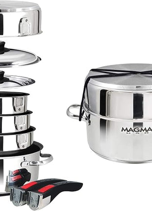 Magma 10 Piece Gourmet Nesting Stainless Steel Cookware Set with Ceramica Non-Stick, Induction Compatible, Oven Safe to 500°F - Suitable for All Stovetops, Removable Handles, Silver
