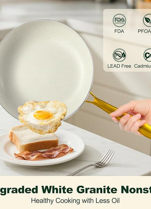 Pots and Pans Set Non Stick, 7 Piece White Granite Induction Cookware Set, Nonstick Kitchen Cooking Set with Gold Handle and Utensil, Oven Safe (PFOS, PFOA Free)