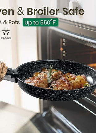 Chef Power Ceramic Nonstick Cookware Set 19 Piece with Detachable Handle, Induction Dishwasher Oven Safe Pans and Pots Set, RV Kitchen Set Removable Handle, Rock Stone Black