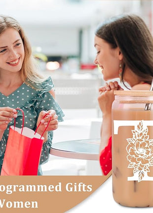 Coolife Initial Glass Cup, Monogrammed Gifts for Women, 16 oz Glass Cups w/Lids Straws, Iced Coffee Smoothie Beer Tumbler w/Straw Lid - Personalized Christmas, Birthday Gifts for Her Mom Friend Woman