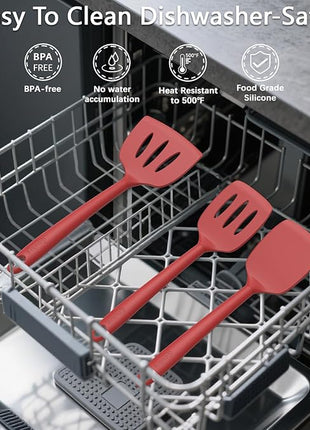 Coukre Silicone Kitchen Cooking Utensils Set with Holder – Heat-Resistant, Food-Grade Kitchen Tools, Spatula, Spoon & Gadgets for Non-Stick Pans, Dishwasher Safe (14, PureRed)
