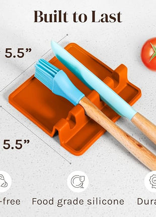Orange Silicone Spoon Rest for Stove Top with Drip Pad (Two Pack) - Heat Resistant BPA Free Utensil Rest & Spoon Holder for Kitchen Counter - Grill Utensil Holder - Spatula Holder, Tongs, Ladle