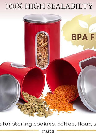 Mixpresso 3-Piece Red Canisters Sets For The Kitchen, Airtight Canister Set With See Through Window, Storage Jars for Coffee Container, Tea Organizer & Sugar Canister, Red Kitchen Canisters