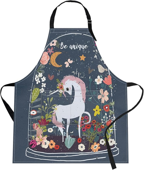 Britimes Apron Home Kitchen Cooking Baking Gardening for Women Men with Pockets Unicorn Be Floral Moon 32x28 inch