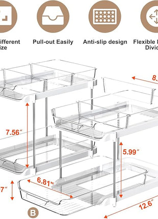 Delamu 2-Tier Multi-Purpose Bathroom Under Sink Organizers and Storage, Stackable Kitchen Pantry Organization, Pull Out Medicine Cabinet Organizer with Movable Dividers, White, 2 Pack