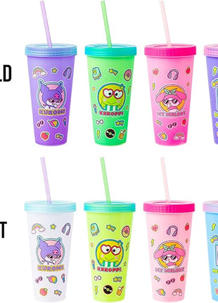 Silver Buffalo Sanrio Hello Kitty and Friends Sticker Design Featuring Kuromi, Keroppi, My Melody, and Hello Kitty 4 Pack Color Changing Plastic Tumbler Set with Glitter Straw, 24 Ounces