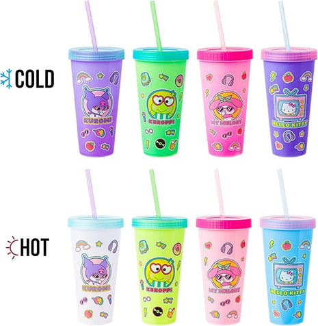 Silver Buffalo Sanrio Hello Kitty and Friends Sticker Design Featuring Kuromi, Keroppi, My Melody, and Hello Kitty 4 Pack Color Changing Plastic Tumbler Set with Glitter Straw, 24 Ounces
