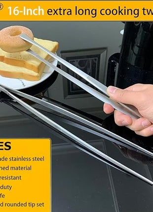 JETKONG 2 Pcs 16-Inch Kitchen Tweezers Extra Long Tweezer Tongs, Heavy Duty Stainless Steel Cooking Tweezers (Silver)