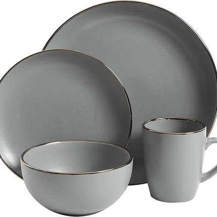 Gibson Home Rockaway 16-Piece Round Stoneware Dinnerware Set, Service for 4 – Grey with Gold Rim Plates and Bowls, Microwave & Dishwasher Safe