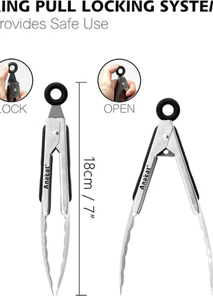 Anaeat 3 Pack 7" Mini Stainless Steel Cooking Tongs - Sturdy Coiled Spring Locking Kitchen Food Tong with Non-Slip Silicone Grip for Serving, Cooking, Baking - Heat Resistant up to 480°F (Black)