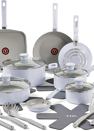 T-Fal Refresh Ceramic Nonstick Cookware Set, 20-Piece, Oven Safe to 350°F, Includes Stockpot, Griddle, Frying Pans, Utensils, Ceramic Pots and Pans Set, Blue