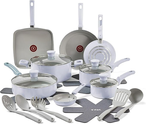 T-Fal Refresh Ceramic Nonstick Cookware Set, 20-Piece, Oven Safe to 350°F, Includes Stockpot, Griddle, Frying Pans, Utensils, Ceramic Pots and Pans Set, Blue