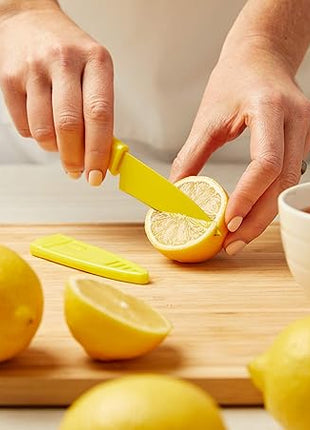 Kuhn Rikon Straight Paring Knife with Safety Sheath, 4 inch/10.16 cm Blade, Red, Yellow & Blue (Pack of 1)