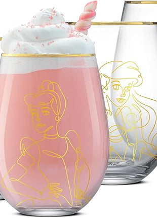 JoyJolt Disney Princess Sketch Stemless Drinking Glasses, 19oz Glass Cups ft Princess Jasmine Ariel Belle Cinderella, Disney Princess Kitchen Glassware Set of 4, Disney Gifts for Adults