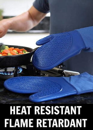 BPA-Free Soft Silicone 4 Piece Oven Mitts & Trivets Set - Ultra Heat Resistant Oven Mitts with Thick Cotton Liner - Long Slip Resistant Pot Holders, Flexible Oven Gloves - Royal Blue