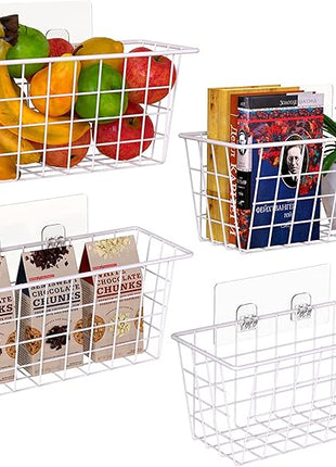MaraFansie Wall Wire Baskets Adhesive Basket Hanging Kitchen Baskets No Drilling for Cabinet & Pantry Organization and Kitchen, Bathroom, Bedroom Storage, 4 Pack, White