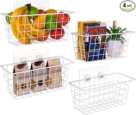 MaraFansie Wall Wire Baskets Adhesive Basket Hanging Kitchen Baskets No Drilling for Cabinet & Pantry Organization and Kitchen, Bathroom, Bedroom Storage, 4 Pack, White