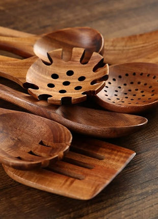 Wooden Kitchen Cooking Utensils, NAYAHOSE 8 Pcs Natural Teak Wooden Spoons Spatulas and Wooden Storage Barrel for Non-stick Pan