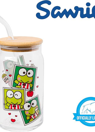Silver Buffalo Sanrio Hello Kitty and Friends Keroppi Polaroids Glass Jar Tumbler with Bamboo Lid and Glass Straw, 16 Ounces (Pack of 12)
