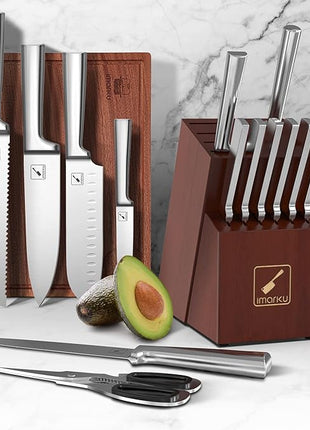 Knife Set - imarku Kitchen Knife Set 15 Piece Japanese Stainless Steel Knife Block Set with Sharpener - Dishwasher Safe Kitchen Knives - Ultra Sharp Chef Knife Set for Kitchen, Silver