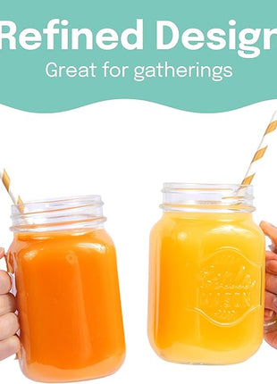 Estilo Mason Jar, 16 oz, Set of 6, Glass Drinking Cups with Handles, Tin Lids, Overnight Oats Jars, Smoothie Cups