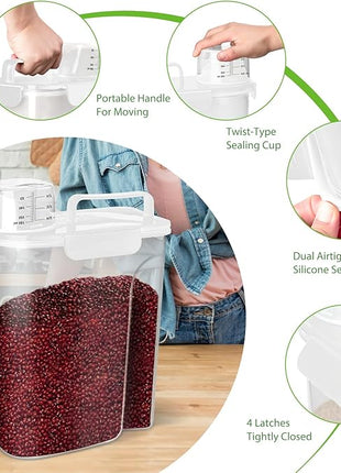 Rice Storage Container, 5 to 10lb Dry Food Airtight Dispenser, Pet Dog Cat Food Canister, BPA Free Clear Plastic Kitchen and Pantry Organization Bin for Oatmeal, Cereal, Pasta, Flour White