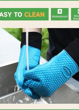 GEEKHOM BBQ Gloves Heat Resistant Oven Mitts - Silicone Grilling Gloves with 14" Long Arm Protection - Waterproof Pot Holder Non-Slip for Men & Women, Kitchen Cooking, Baking, Camping, Blue