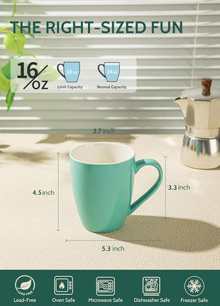 Sweese Porcelain Coffee Mugs - 16 Ounce - Set of 6, Cups for Latte, Hot Tea, Cappuccino, Mocha, Cocoa, Multicolor, Blue Assorted Colors