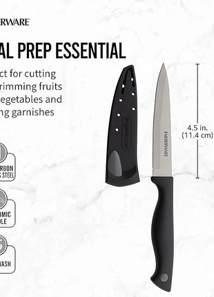 Farberware Edgekeeper 4.5-Inch Fine Edge Utility Knife with Self-Sharpening Blade Cover, High Carbon-Stainless Steel Kitchen Knife with Ergonomic Handle, Razor-Sharp Knife, Black