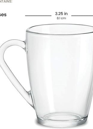 Bormioli Rocco Glass Coffee Mug Set, (6 Pack) 10¾ Ounce with Convenient Handle, Tea Glasses for Hot/Cold Beverages, Thermal Shock Resistant, Tempered Glass, for Cappuccino, Latte, Espresso, clear.