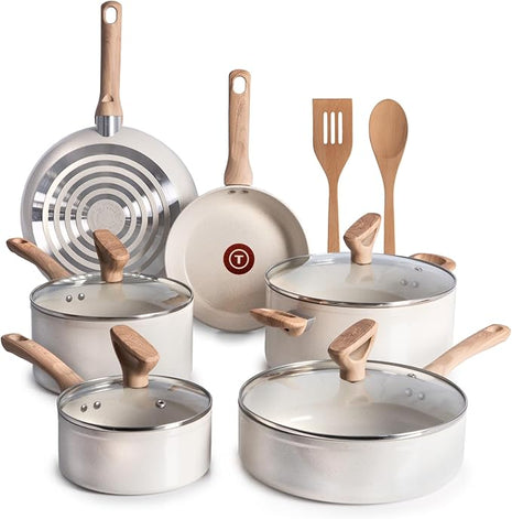 T-Fal Revive Ceramic Nonstick Cookware Set, Oven Safe Up to 350ºF, 12-Piece, Includes Stockpot, Saucepan, Skillet, Frying Pans, Utensils, Ceramic Pots and Pans Set, Beige Granite