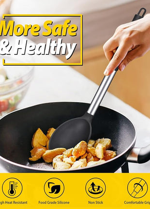 Pack of 2 Large Silicone Cooking Spoon Non Stick Solid Basting Spoons Heat-Resistant Kitchen Utensils for Mixing Serving (Black-White)