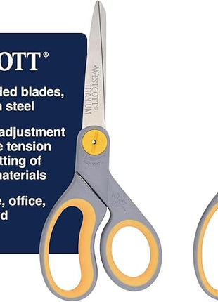 Westcott 8-Inch Titanium-Bonded Scissors with Adjustable Glide Feature for Office and Home - Gray/Yellow, 2-Pack