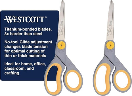 Westcott 8-Inch Titanium-Bonded Scissors with Adjustable Glide Feature for Office and Home - Gray/Yellow, 2-Pack