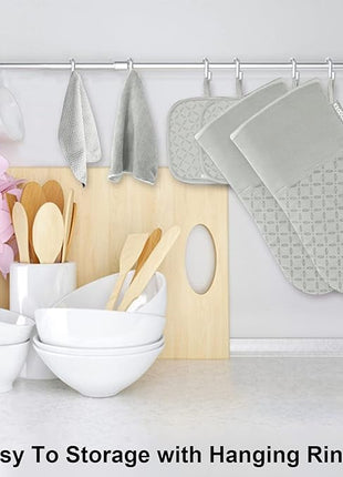 KEGOUU Oven Mitts and Pot Holders 6pcs Set, Kitchen Oven Glove High Heat Resistant 500 Degree Extra Long Oven Mitts and Potholder with Non-Slip Silicone Surface for Cooking （Greenish Gary）