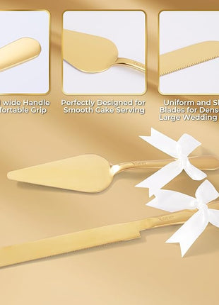 Wedding Cake Cutting Set, Elegant Wedding Cake Knife and Server Set with Thick Stainless Steel Wide Handle, Cake Cutting Set for Wedding Anniversary Christmas, Cake Cutter, 2 Cute Forks and Bows, Gold