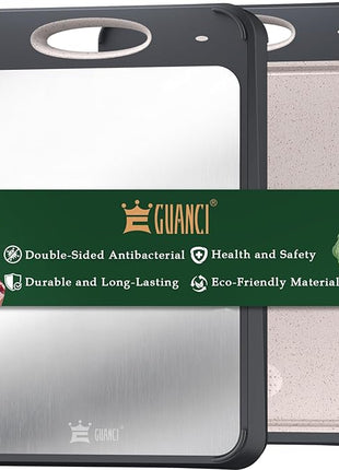 GUANCI Cutting Board for Kitchen Double Sided 304 Stainless Steel Chopping Board Food-Grade Stainless Steel and Wheat Straw PP Samll Size 14’’×9.6’’ Easy to Clean