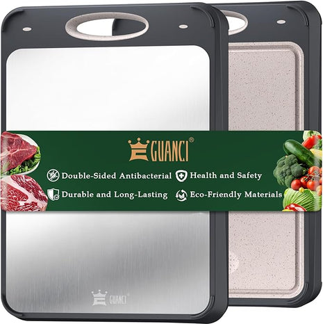 GUANCI Cutting Board for Kitchen Double Sided 304 Stainless Steel Chopping Board Food-Grade Stainless Steel and Wheat Straw PP Samll Size 14’’×9.6’’ Easy to Clean
