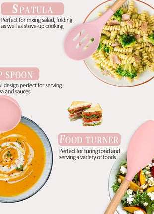 Umite Chef Silicone Kitchen Utensils Set, 33 Piece Non-Stick Kitchen Utensils with Stand, Wooden Handle, Pink