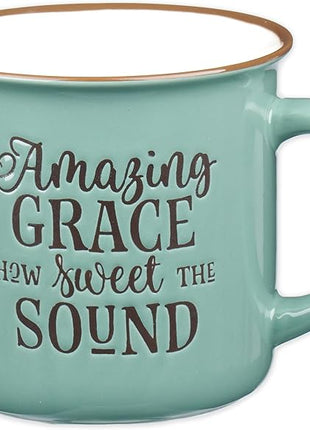 Christian Art Gifts Mint Green Camp Style Ceramic Coffee Mug – 13 oz. Microwave and Dishwasher Safe Novelty Drinkware Inspirational Scripture Coffee and Tea Mug with Worship Hymn Song: Amazing Grace